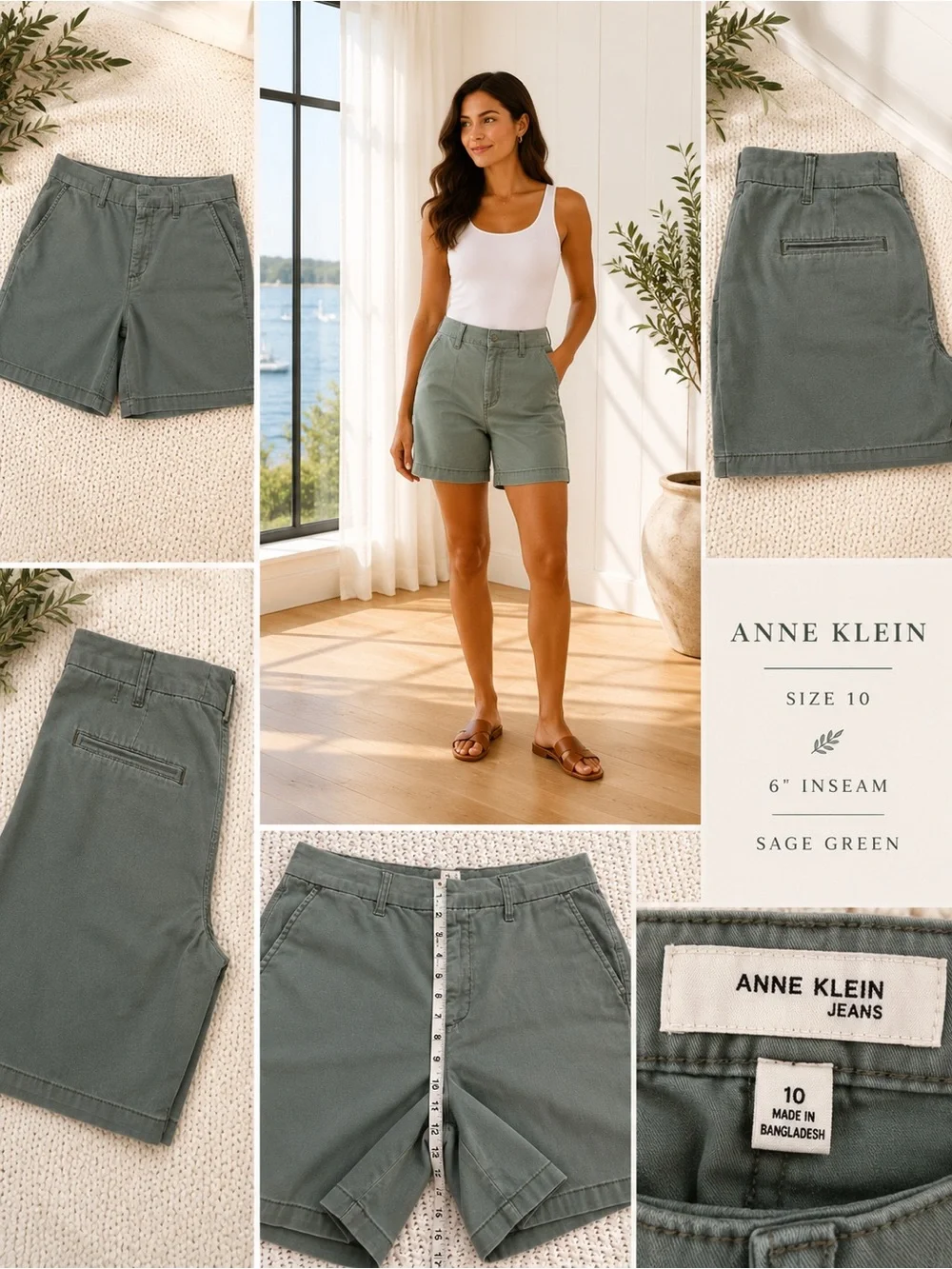 Anne Klein Jeans Sage Green Stretch Chino Shorts Size 10